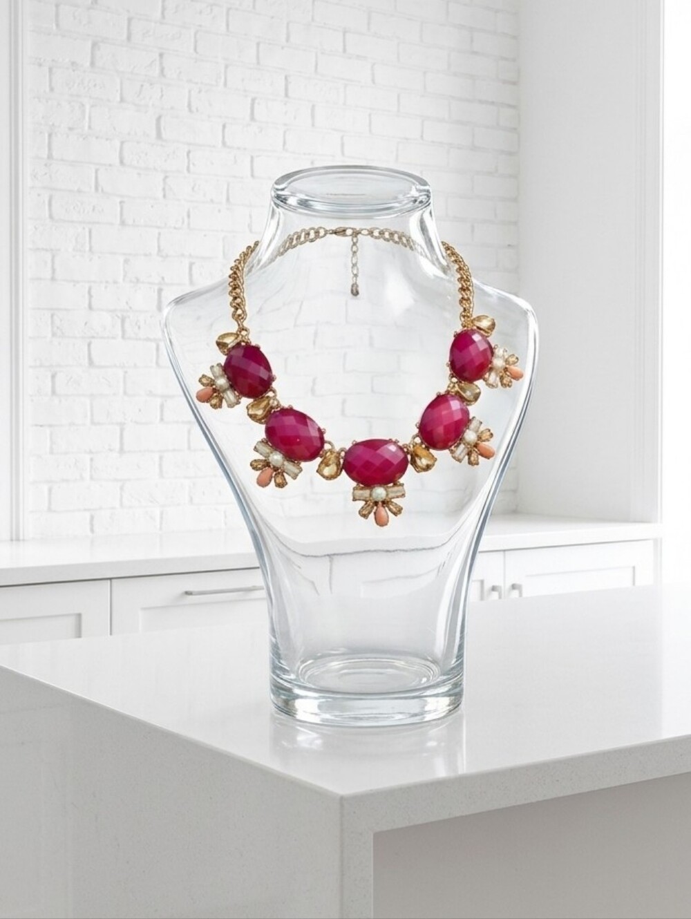 Gold-Tone Statement Necklace with Fuchsia Gemstones